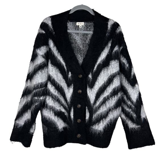 POL Zebra Print Black and White Fuzzy Cardigan Medium - Picture 1 of 6